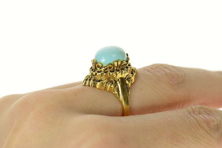 14K Yellow Gold Ornate Turquoise Cabochon Scroll Cocktail Ring