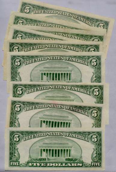 4 Each Clean 1953 1953 A  $5 Blue Seal Silver Certificateslver