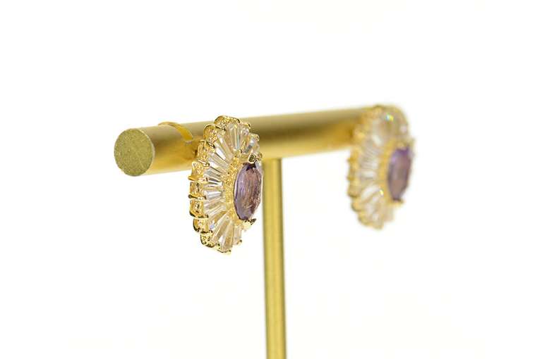 14K Yellow Gold Marquise Amethyst CZ Baguette Halo Stud Earrings
