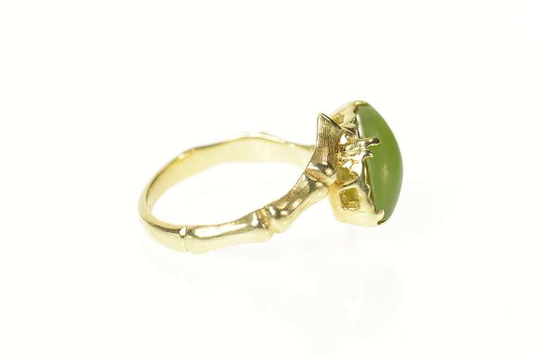 14K Yellow Gold Marquise Nephrite Jade Bamboo Motif Bypass Ring