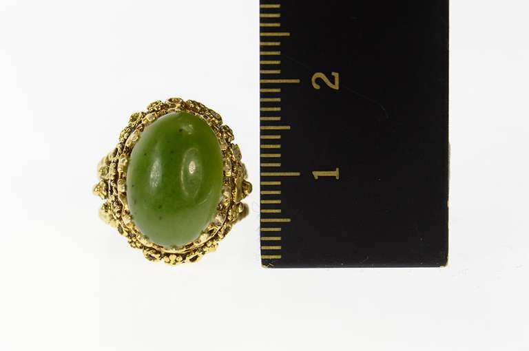 10K Yellow Gold Ornate Floral Nephrite Cabochon Statement Ring