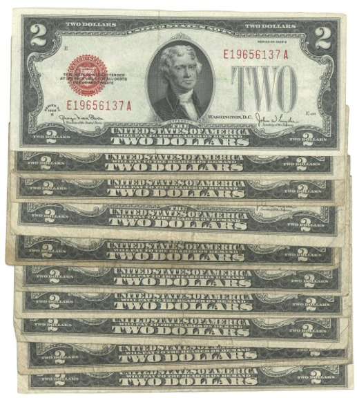 10 Series of 1928 $2 Red Seal Notes in circ