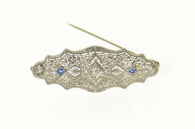 14K White Gold Diamond Syn. Sapphire Art Deco Filigree Pin/Brooch