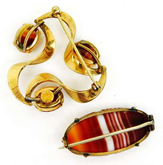 2 Vintage Gold-Filled Banded Agate Pins