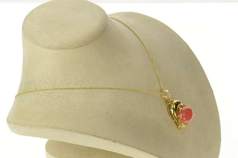 14K Yellow Gold Rhodochrosite Cabochon Dolphin Statement Pendant