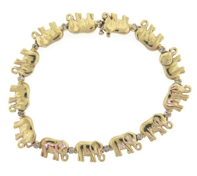 Powerful Yellow Gold Elephant Bracelet w Diamonds