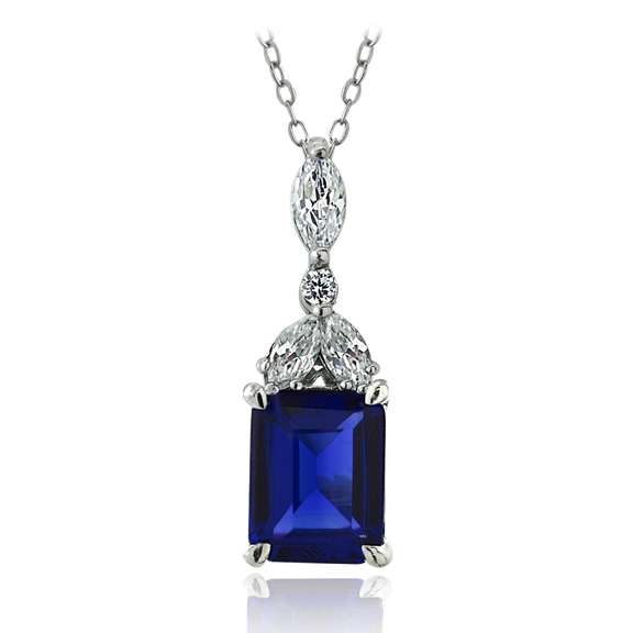 Sterling Silver Created Blue Sapphire & CZ Marquise Rectangle Necklace