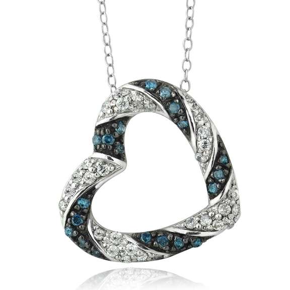 Sterling Silver 1/2 Ct Blue & White Diamond Open Heart Necklace