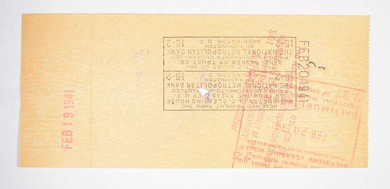 Walter Johnson Washington Senators Signed/Autographed Bank Check 1941