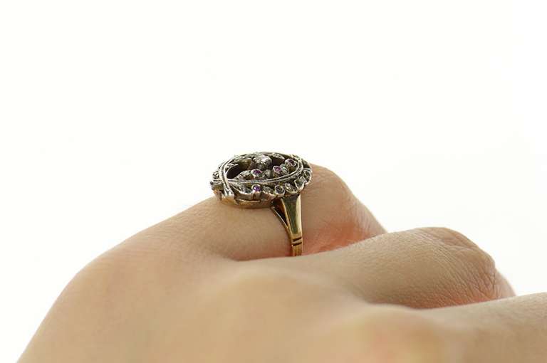 14K Yellow Gold Victorian Diamond Ruby Wreath Oval Statement Ring