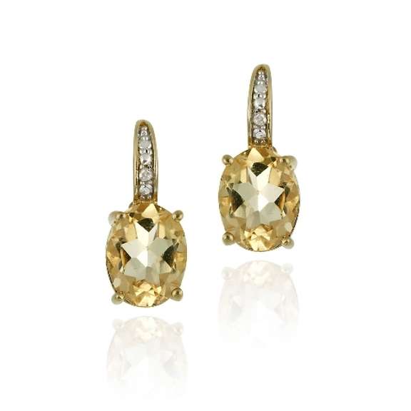18K Gold over Sterling Silver Citrine & Diamond Accent Oval Leverback Earrings