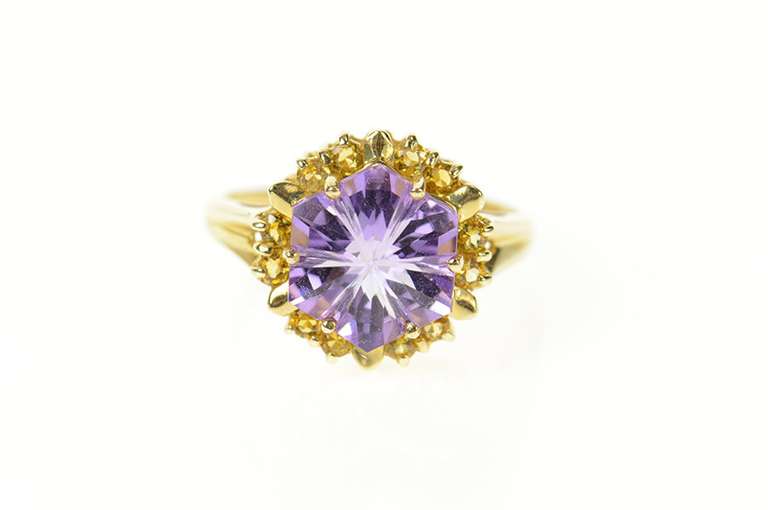 10K Yellow Gold Carved Amethyst Star Citrine Halo Cocktail Ring