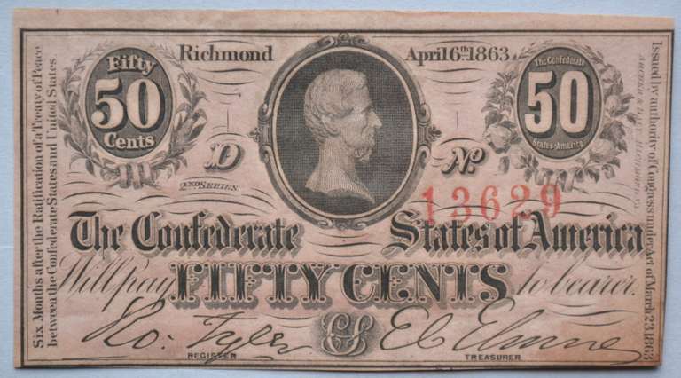 Popular 50 Cent Unc 1863 Confederate States Note