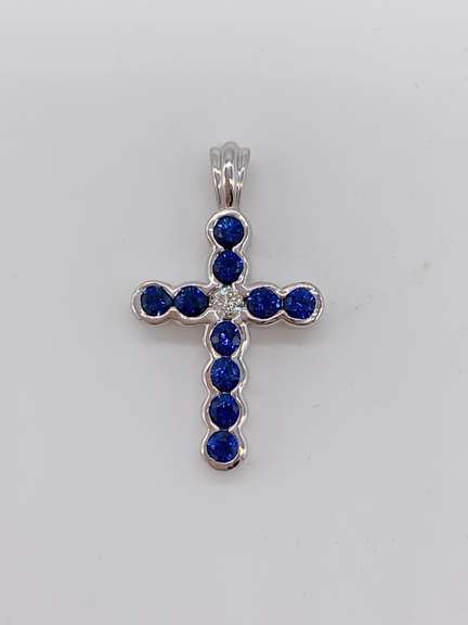 14kt Gold, Blue Sapphire, & Diamond Cross Pendant