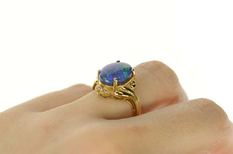 18K Yellow Gold Ornate Black Opal Diamond Cocktail Ring
