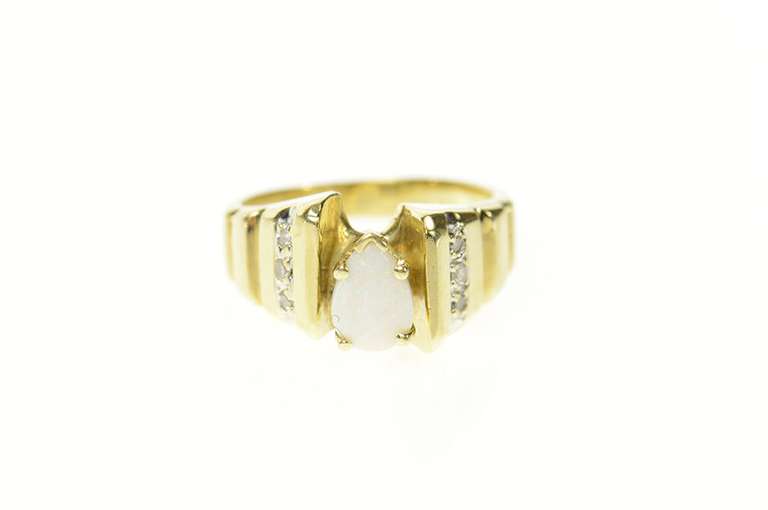 10K Yellow Gold Pear Natural Opal Diamond Squared Statement Ring