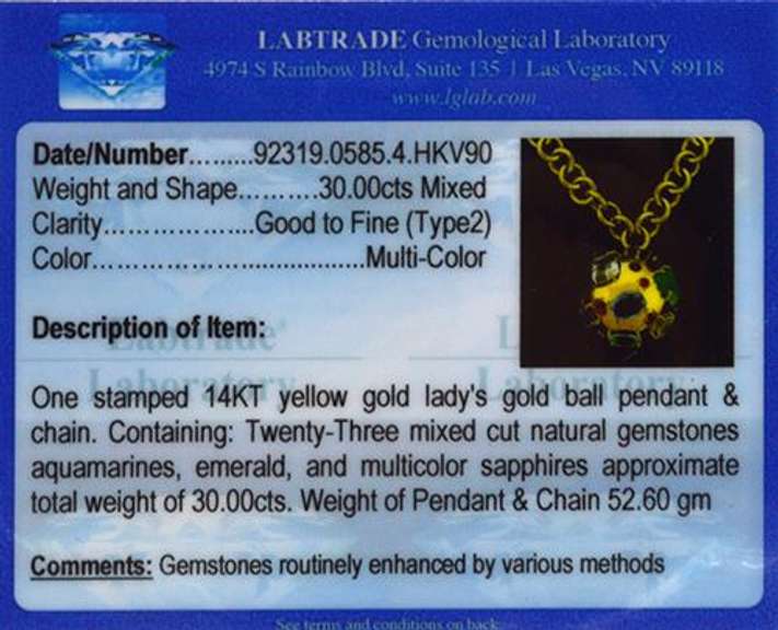 Extremely Rare 14k Gold over 30cts Gemstone Ball Pendant and Chain