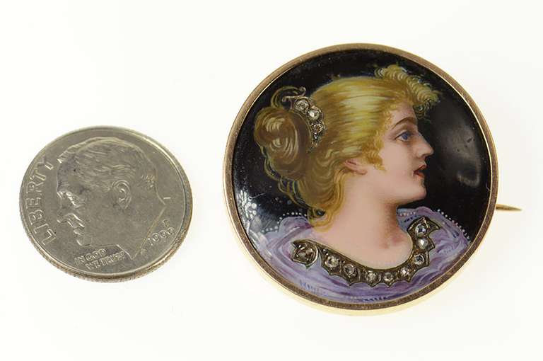 14K Yellow Gold Victorian Painted Lady Portrait Diamond Pin/Brooch