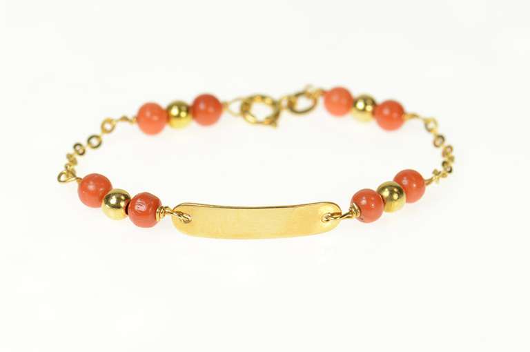 14K Yellow Gold Victorian Coral Engravable Chain Child's Bracelet