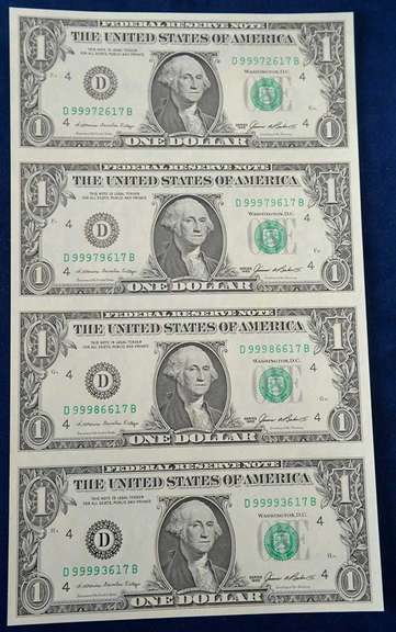 Uncut Sheet of 4 1985 D One Dollar Bill with Special holder