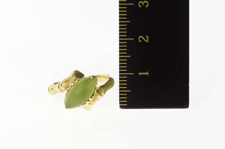 14K Yellow Gold Marquise Nephrite Jade Bamboo Motif Bypass Ring