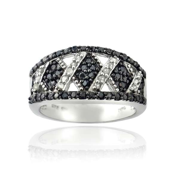 1/2ct Black & White Diamond Criss Cross Silver Tone Band Ring