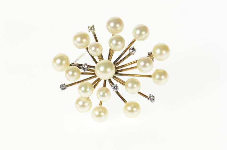 10K Yellow Gold Retro 1960's Pearl Diamond Spray Burst Pin/Brooch