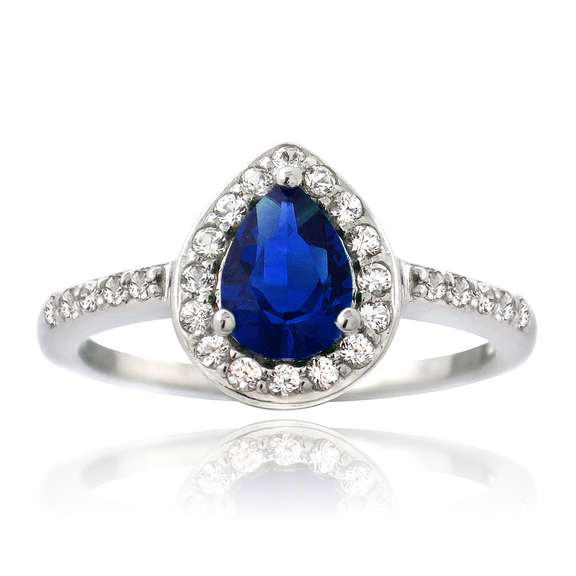 Sterling Silver Created Blue & White Sapphire Teardrop Ring