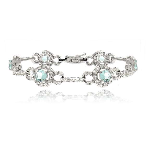 Sterling Silver 4.25ct Carribean Mist & Clear CZ Circle and Bar Link Bracelet