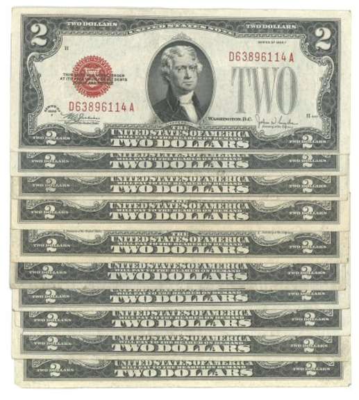 10 Very nice Series of 1928 $2 Red Seal Notes in circ