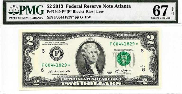Superb Gem Crisp $2 2013 Star Note FRB Atlanta PMG 67 EPQ!