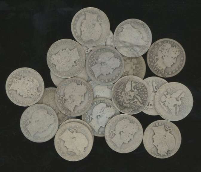25 assorted Barber Quarters in lower end circs