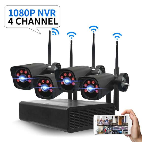 4CH 2.0MP 1080P Wireless Black Surveillance Camera