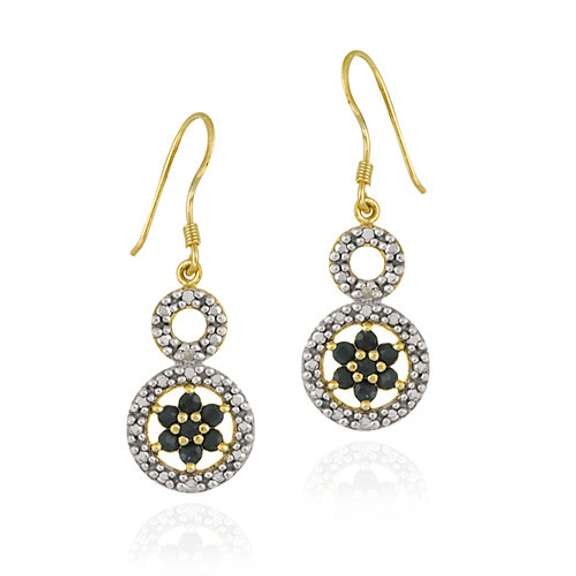 18K Gold over Sterling Silver Sapphire Flower & Diamond Accent Double Circle Earrings