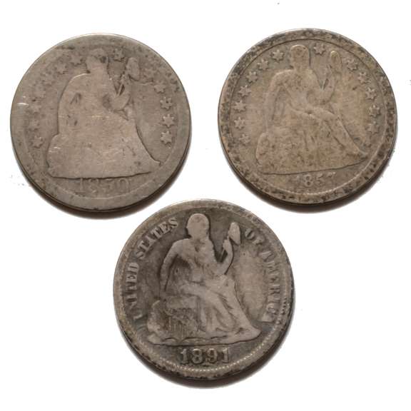 1850 O 1857 O &1891 O Seated Dimes