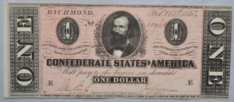 Fresh Clean Red Unc Feb 17 1864 Series $ 1 CSA Note.