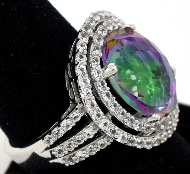 Enamoring Massive 12.00CTS Mystic Topaz & White Topaz Ring in Sterling Silver