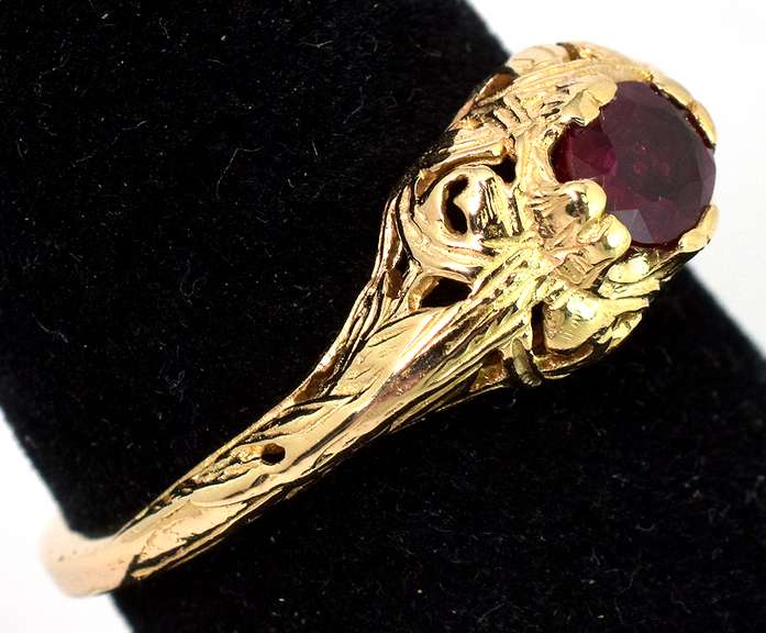 Antique-Style Filigree Ruby Ring in 14KT Yellow Gold