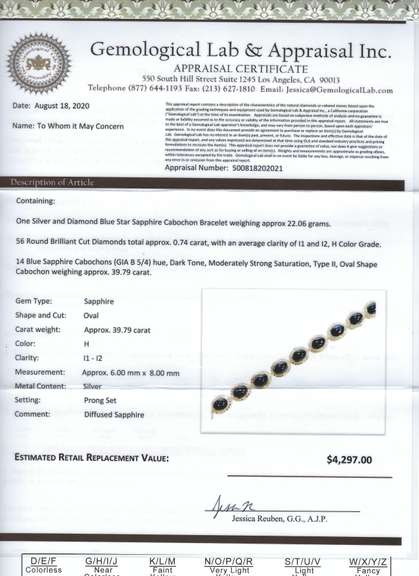 Sparkling 39.79CTW Star Sapphire & Diamond Bracelet in Sterling Silver