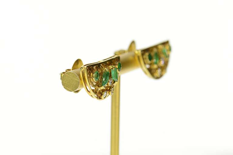 18K Yellow Gold Ornate Half Moon Emerald Diamond Scroll Earrings
