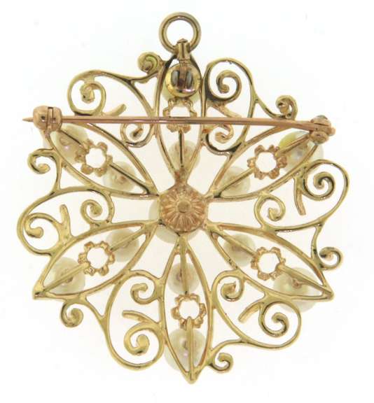 Beautiful Yellow Gold Filigree Pearl Pin Pendant