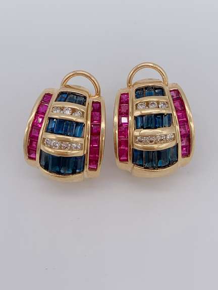 14kt Gold, Ruby, Diamond, & Blue Sapphire Earrings