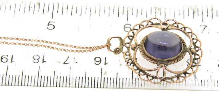 Wonderful Yellow Gold Vintage Amethyst Cab Pendant on Chain