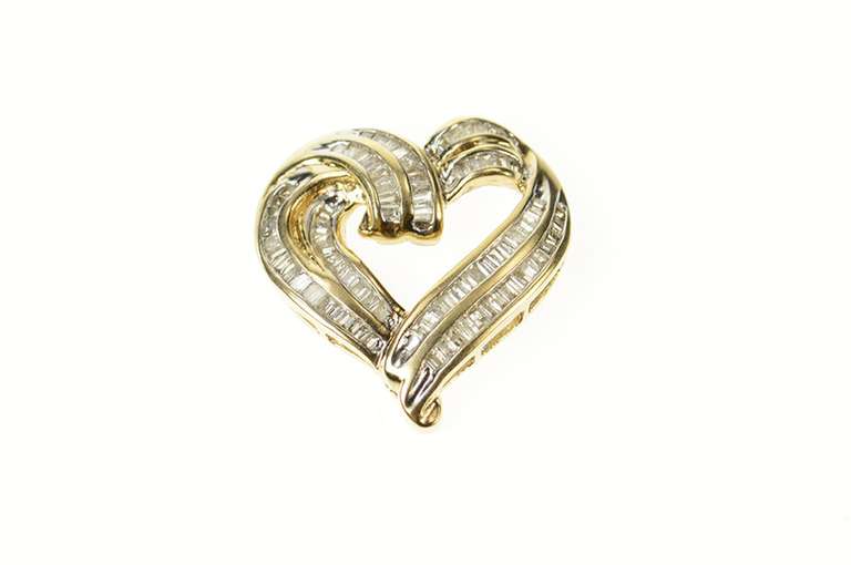 10K Yellow Gold Wavy Baguette Diamond Channel Curvy Heart Pendant