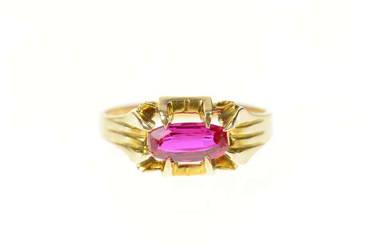 10K Yellow Gold Art Deco Oval Syn. Ruby Ornate Statement Ring