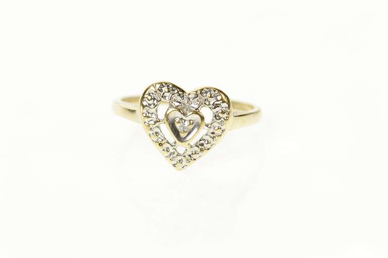 10K Yellow Gold Diamond Inset Retro Heart Love Promise Ring