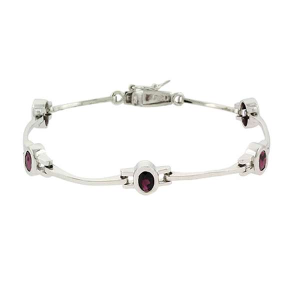 Sterling Silver Garnet Stone Oval Link Station Bracelet