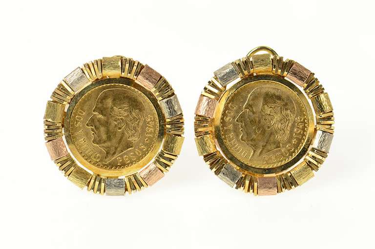 14K Yellow Gold 1945 Dos y Medio 2.50 Pesos Coin French Clip Earrings