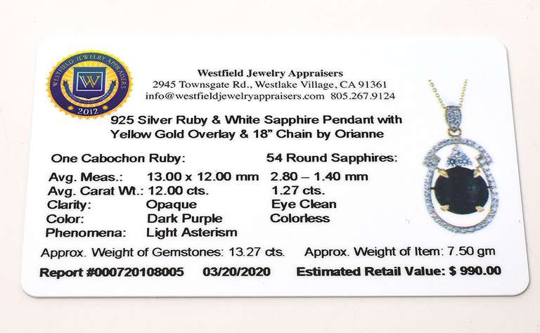 Inspiring Massive 12.00CTS Cabochon Cut Natural Star Ruby & White Sapphire Necklace in Vermeil