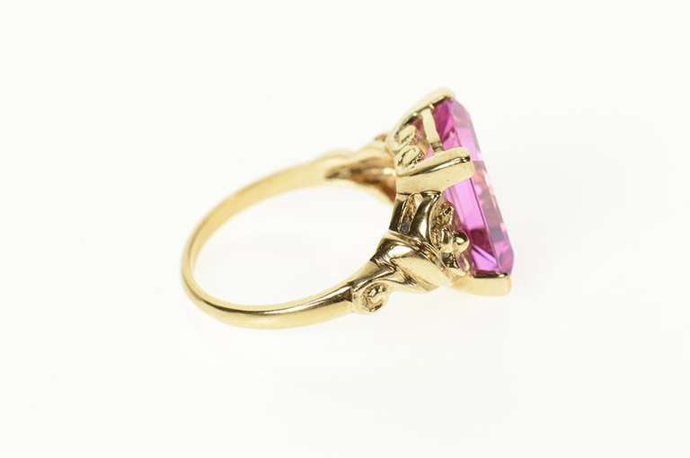 10K Yellow Gold Emerald Syn. Pink Topaz Retro Statement Ring